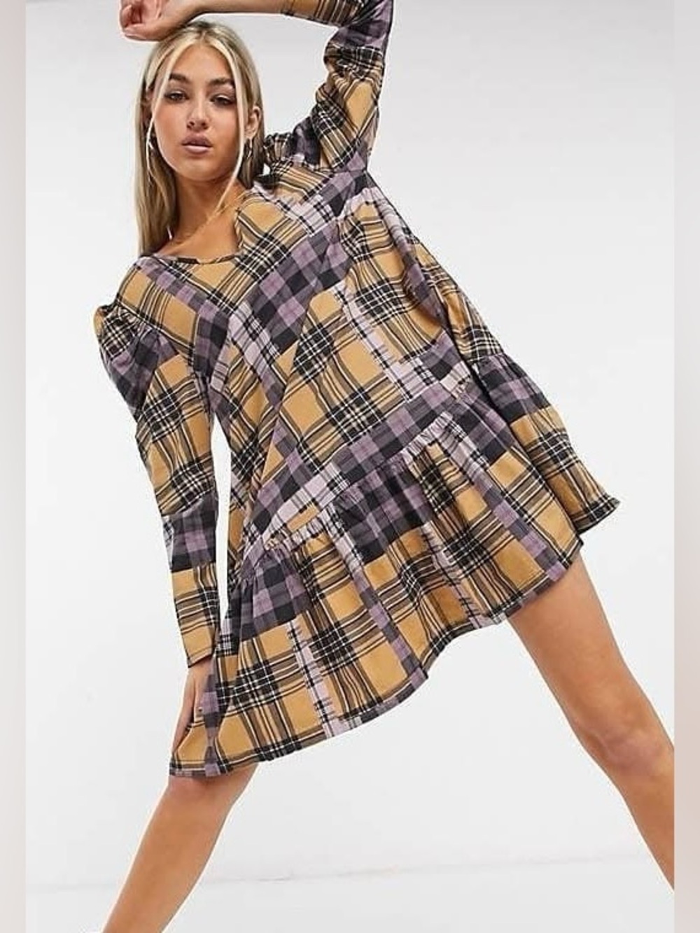 Collusion lilac and mustard mix check print structured sleeve fit & flare dress